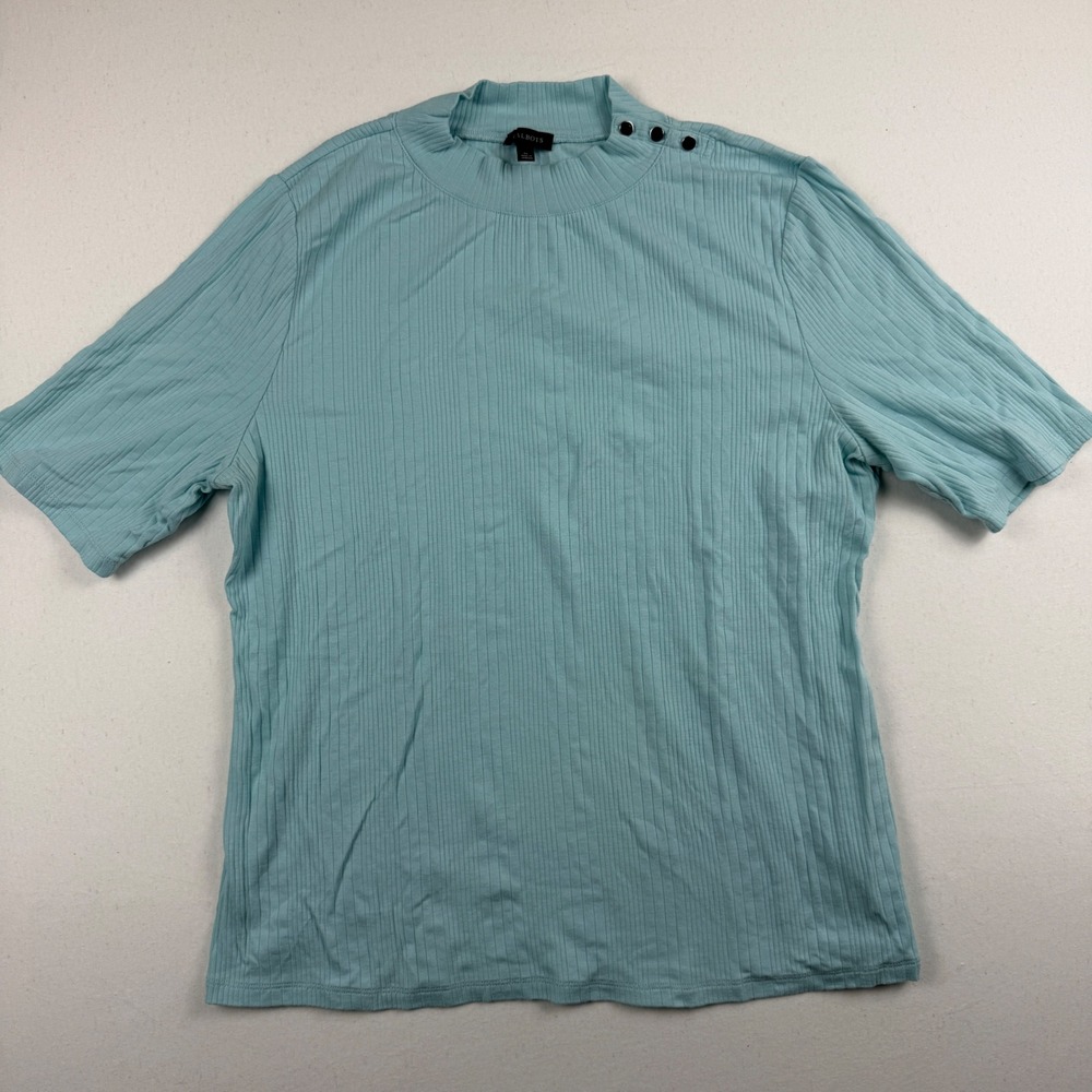 Talbots Ribbed Mock Neck Short Sleeve Button Shoulder Top Blue XL